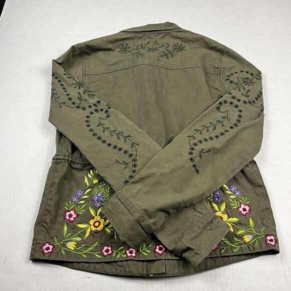 Boston Proper Zip Jacket Military Floral Embroidered Utility Green Festival XS - Picture 9 of 10